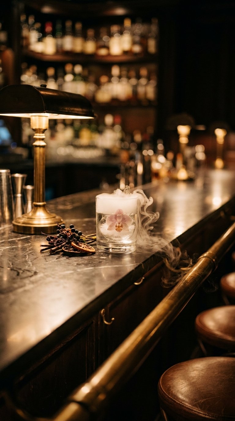 Bespoke Design - a sculptural cocktail with dry-ice fog in a dim speakeasy