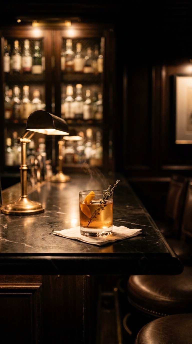 The Foundation - a classic cocktail under a brass lamp in a dim speakeasy